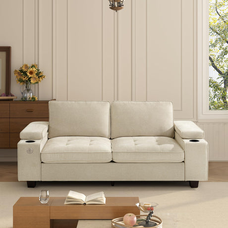 KIMOLST 74" Loveseat Couch for Living Room, Modern Chenille Upholstered Sofa with Adjustable Armrest,Storage,Cup Holders,USB & Type-C Ports,Solid Wood 2-Seater Loveseat Sofa for Apartment(Beige) KIMOLST