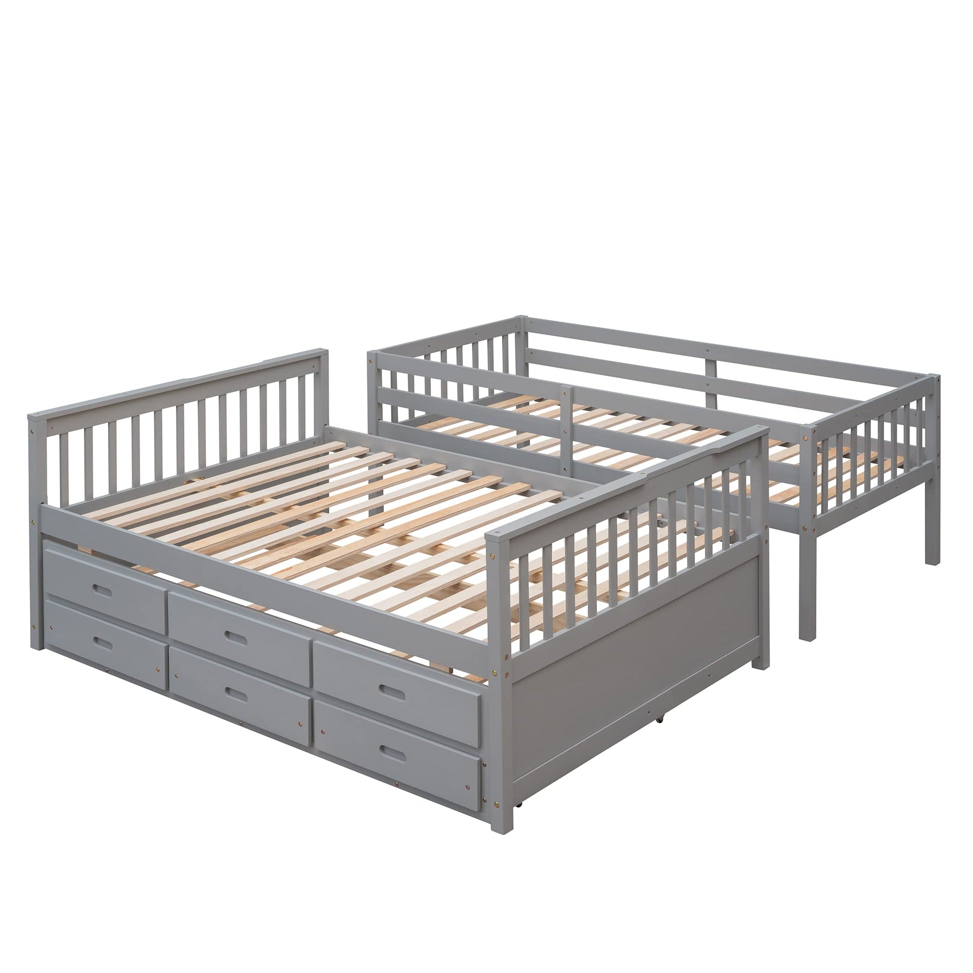 Harper & Bright Designs Grey Twin Over Full Bunk Bed with Trundle and Storage Drawers - WoodArtSupply