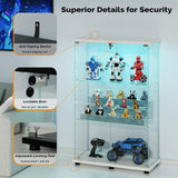 VINGLI Glass Display Cabinet with 3 Shelves, Double Doors and Lock, Floor Standing Curio Cabinets with LED Light, Upgraded Tempered Glass Bookshelf, for Living Room Living Room Bedroom Office, White VINGLI