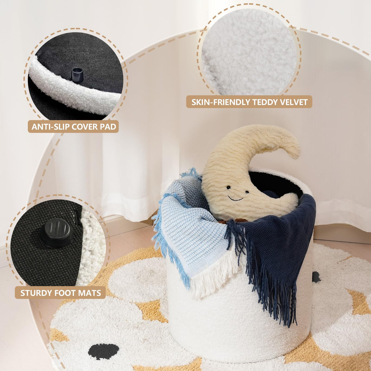 oakvivo Round Ottoman Foot Stool with Storage Set of 2, Storage Ottoman with Removable Lid, Soft Teddy Velvet Upholstered Footstool, Vanity Stool for Makeup, Foot Rest for Living Room, Bedroom, White oakvivo