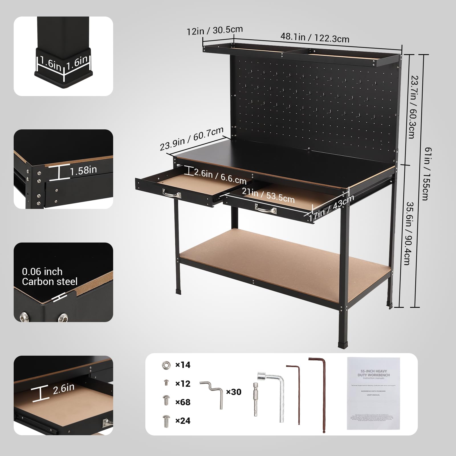 61 Inch Workbench, Tools Cabinet Working Tables Workbench Tool Storage Workshop Table with Drawers and Pegboard, 420lbs Weight Capacity, 48.1" L×23.9" W×61" H Black - WoodArtSupply