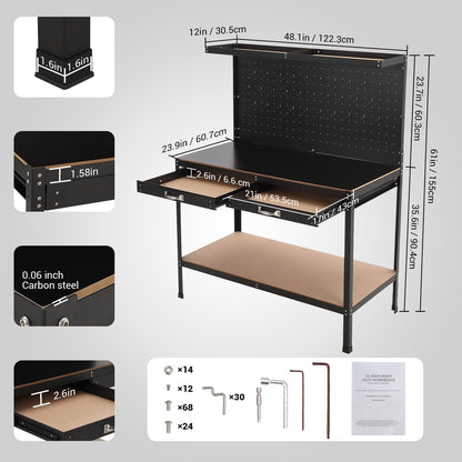 61 Inch Workbench, Tools Cabinet Working Tables Workbench Tool Storage Workshop Table with Drawers and Pegboard, 420lbs Weight Capacity, 48.1" L×23.9" W×61" H Black - WoodArtSupply