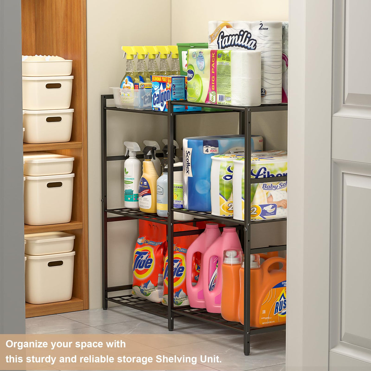 6-Tier Small Garage Shelf, Utility Garage Shelving Units and Storage, Heavy Duty Wire Shelving Metal Storage Shelves, Standing Shelf for Pantry, Laundry Room, Kitchen 34.72"L x 12.63"W x 30.94"H Black 3IngSeagulls