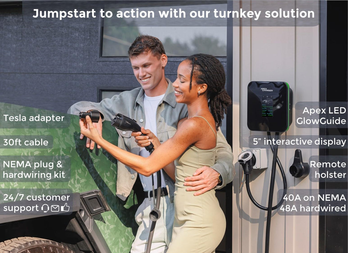MACH 2:Fast Level 2 EV Charger 48 amp Garage-pro Wall-Mount. Electric Vehicle Charging Station 4 Nema 14-50 Outlet. J1772 car Connector. Key Accessories: 30ft Cable & Tesla NACS evse Portable Adapter ApexCharger