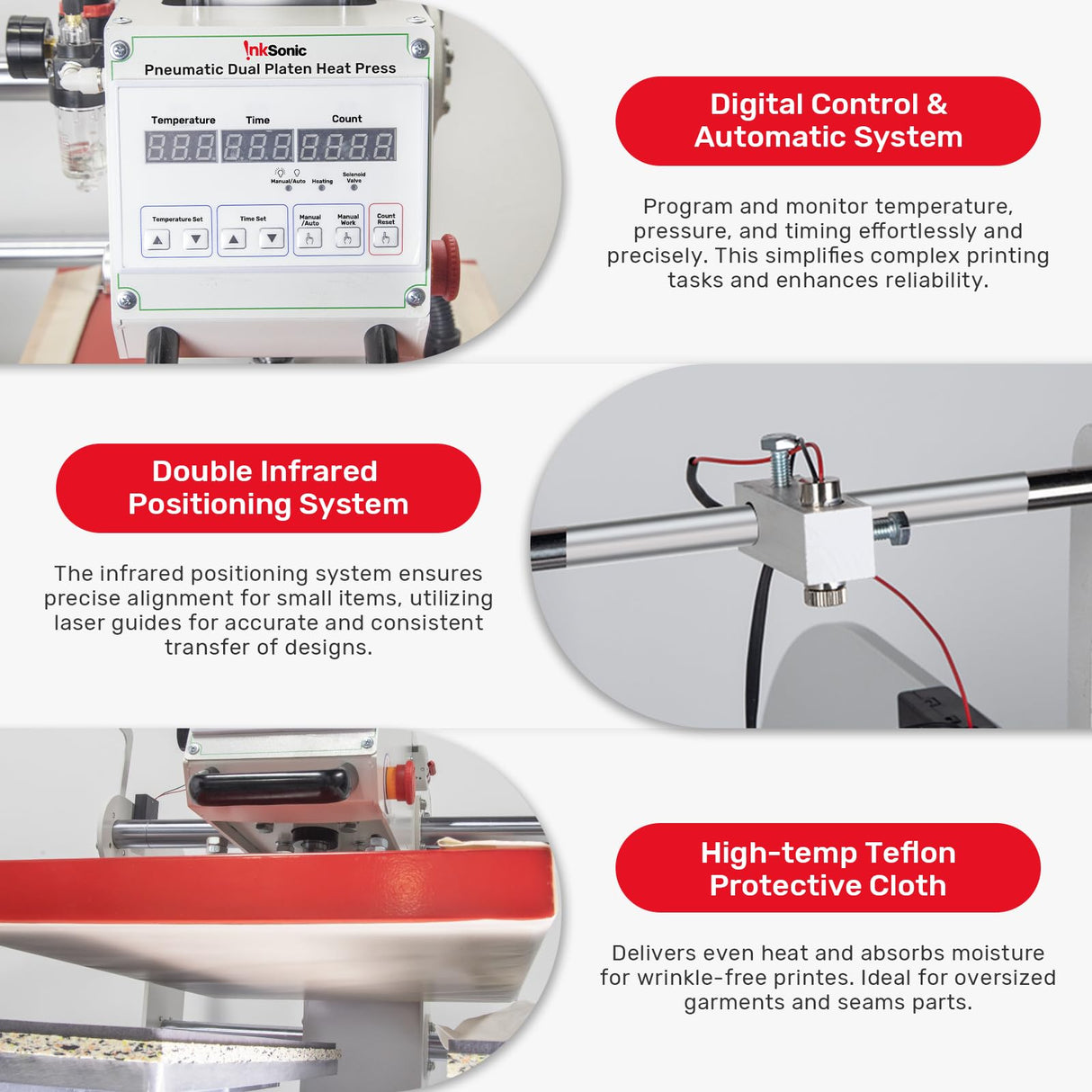 InkSonic 16"x24" Pneumatic Heat Press - 40x60cm Large Format, Sliding Dual Platen | Commercial T-Shirt Press for Sublimation, DTF, HTV | Movable Stand, Infrared Positioning RocRow