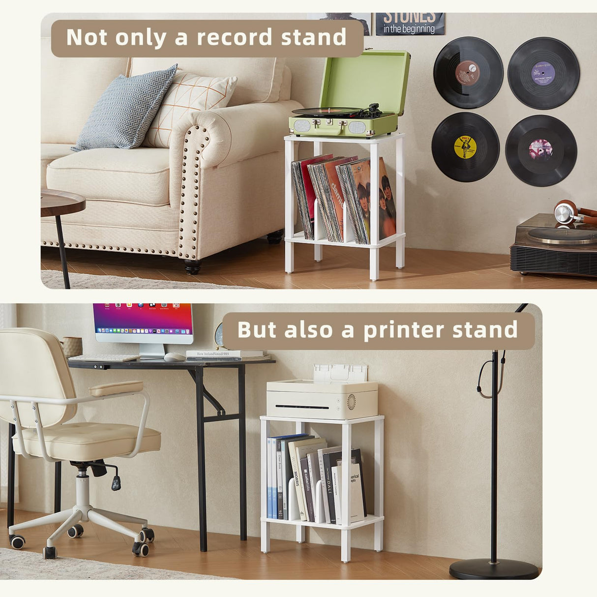 LELELINKY 2-Tier Record Player Stand with Vinyl Record Storage up to 100 Albums, Bedroom Record Holder and Multi-Functional End Table for Living Room, White LELELINKY