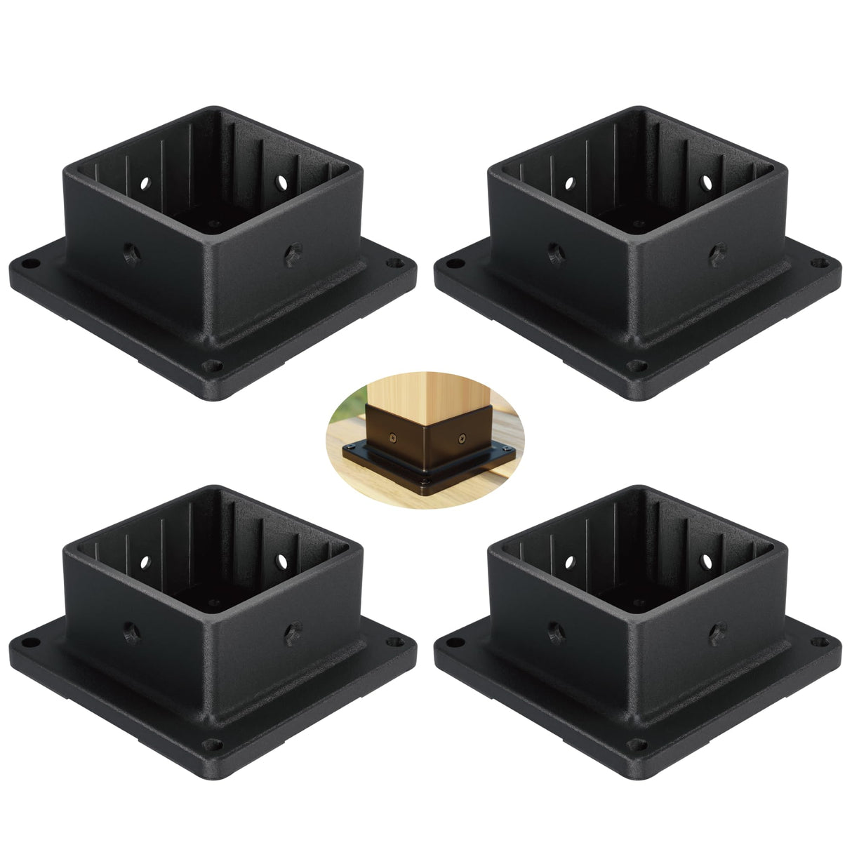 HILLMASTER 4x4 Post Base, 4 Pack Plastic Post Anchor Deck Post Base Support for Outdoor Wooden Fence,Mailbox,Pergola Brackets Fence Kit, Durable Black Bracket Base Cover with Black Powder-Coated HILLMASTER