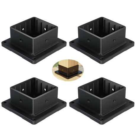 HILLMASTER 4x4 Post Base, 4 Pack Plastic Post Anchor Deck Post Base Support for Outdoor Wooden Fence,Mailbox,Pergola Brackets Fence Kit, Durable Black Bracket Base Cover with Black Powder-Coated HILLMASTER