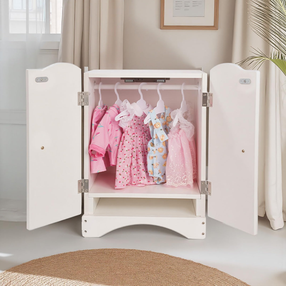 BABESIDE Wooden Baby Doll Closet, Wooden Furniture Armoire Dolls Wardrobe for Baby Doll Clothes Storage, Fit 12-16 Inch Doll Clothes, Includes 10 Clothes Hangers, Pretend Play for 3+ Girls Boys BABESIDE