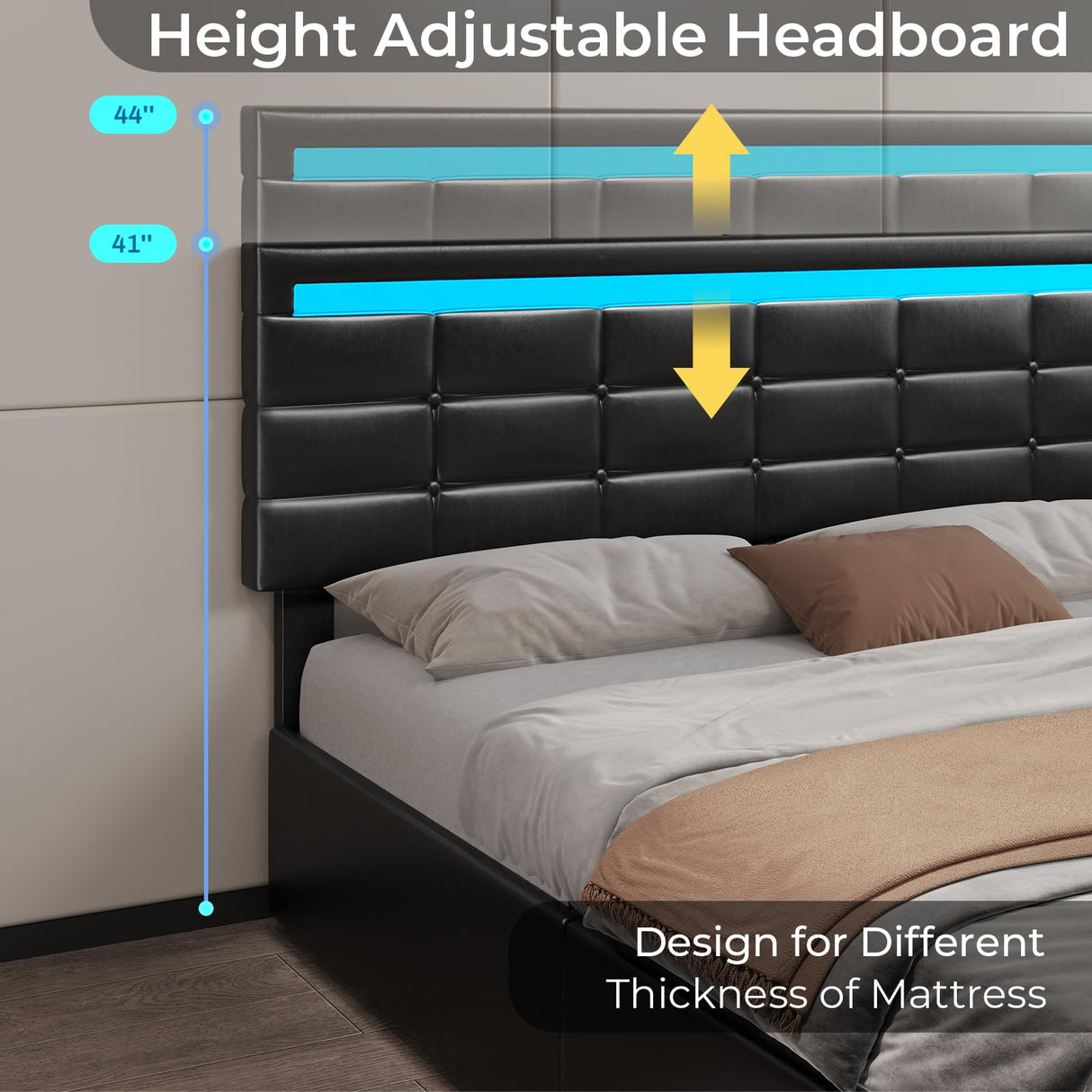 Elegant ADORNEVE Queen Bed Frame with LED Lights, Leather Platform and Storage Drawers, Adjustable Headboard, No Box Spring Needed - Black ADORNEVE