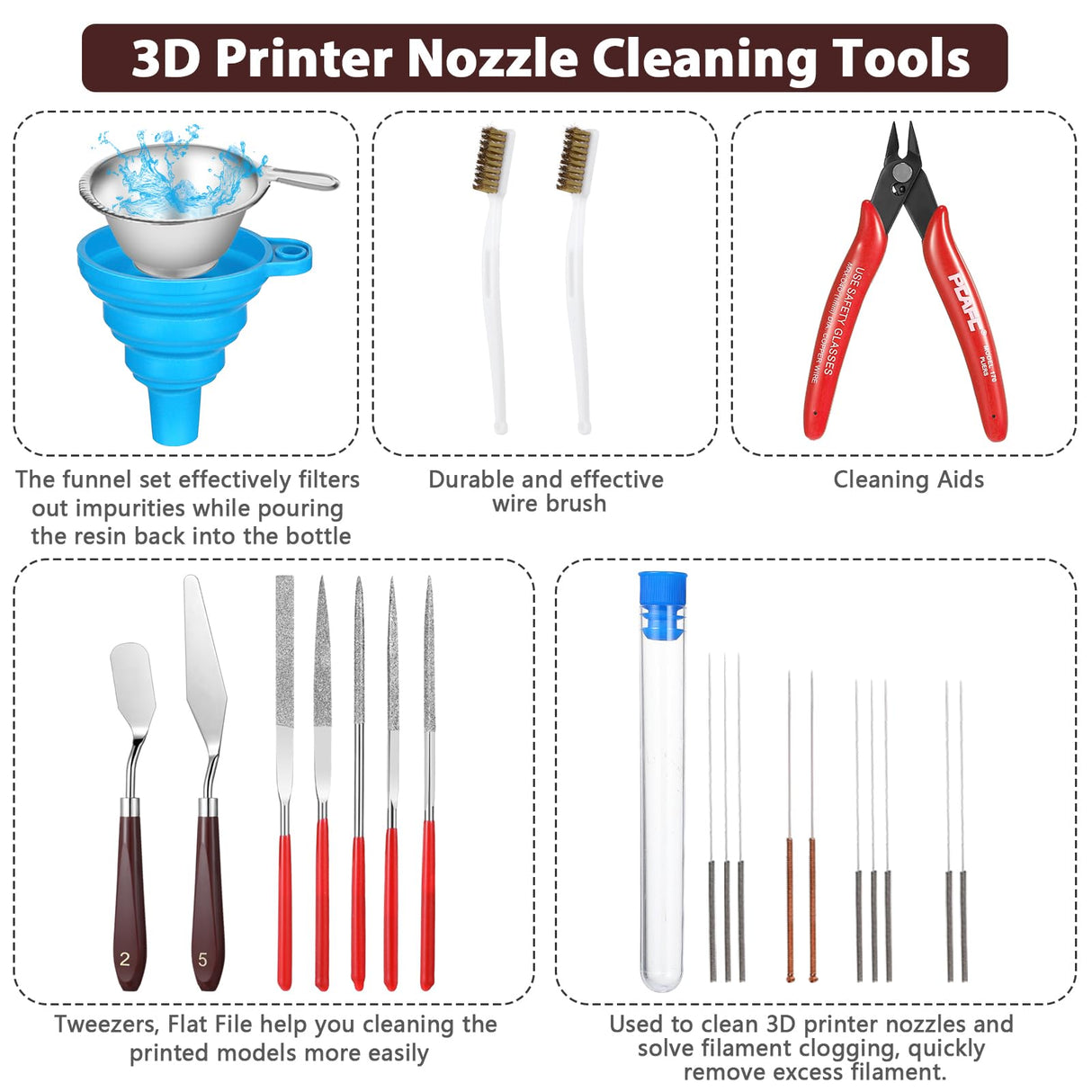 25 Pcs 3D Printer Tools Kit 3D Printing Accessories Include 2 Wire Brush 1 Putty Knife 1 Plastic Shovel 5 Diamond Files 2 Tweezer 10 Needles 1 Plier 1 Funnel 2 Scraper for Cleaning Removing Finishing Minatee