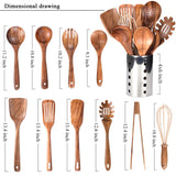 Kitchen Utenails Set with Holder,Kitchen Wooden Utensils for Cooking, Wood Utensil Natural Teak Wood Spoons for Cooking,Wooden Kitchen Utensil Set With Spatula and Ladle (11) AIUHI