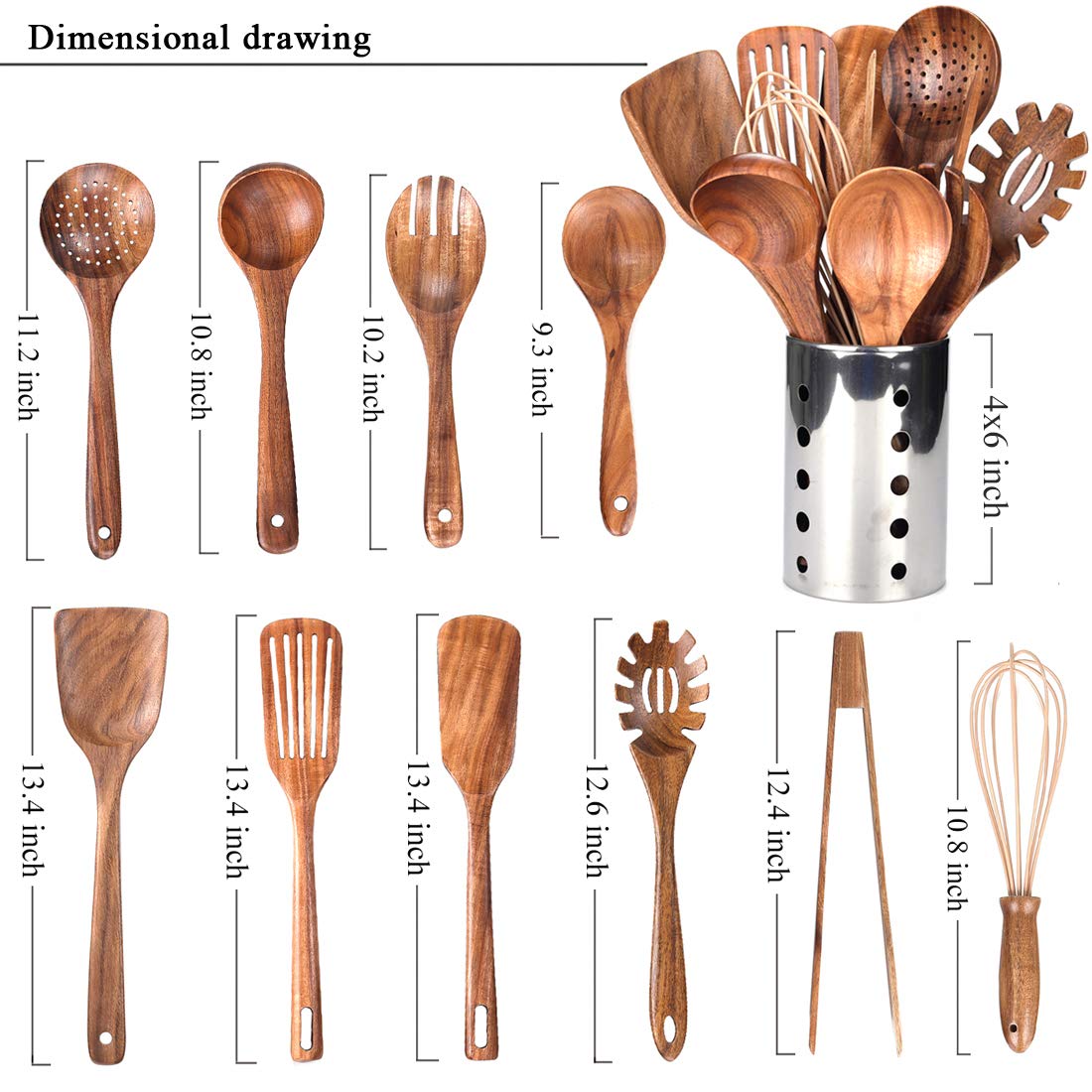 Kitchen Utenails Set with Holder,Kitchen Wooden Utensils for Cooking, Wood Utensil Natural Teak Wood Spoons for Cooking,Wooden Kitchen Utensil Set With Spatula and Ladle (11) - WoodArtSupply