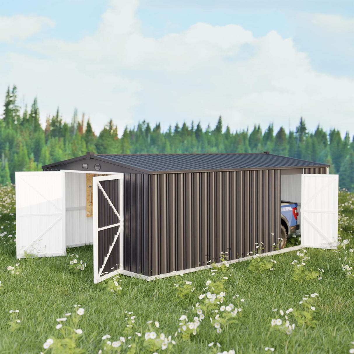 Outdoor Storage Shed 20x10 FT, Large Metal Garden Shed Backyard Utility Carport with 2 Doors and 4 Vents for Car,Truck, Garbage Can,Tool,Lawnmower BOVONO