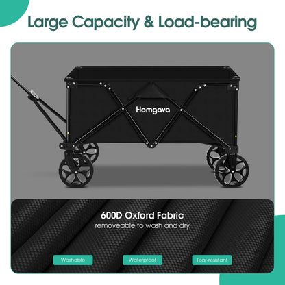 Homgava Collapsible Folding Wagon Cart, Large Capacity Camping Wagon, All Terrain Foldable Wagon, Heavy Duty Utility Wagon Cart for Grocery Outdoor Beach Gardening Shopping Fishing Black