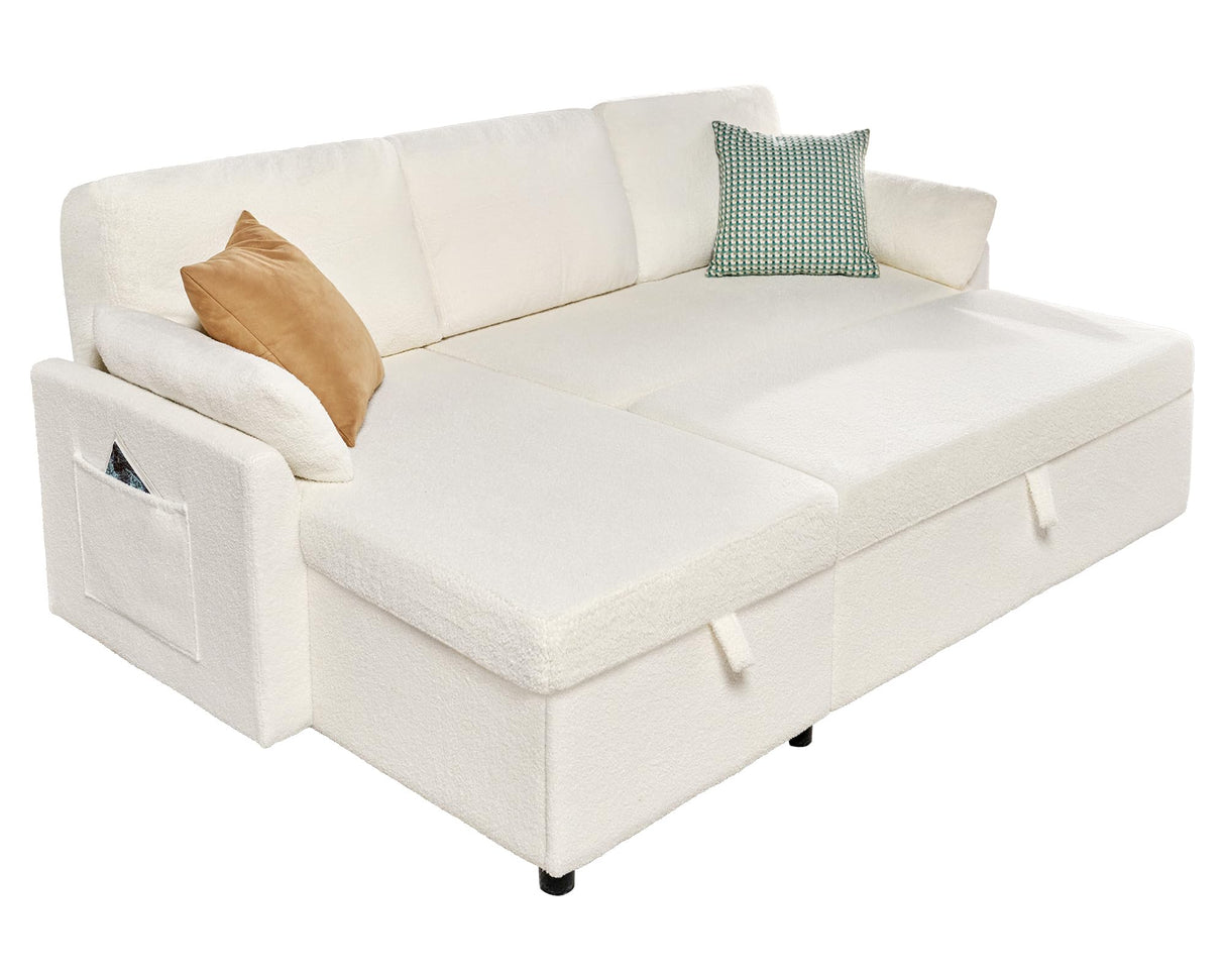 AMERLIFE Sleeper Sofa, 2-in-1 Sofa Bed with Storage Chaise, Pull Out Sofa Couch for Living Room, Guest Room, Boucle White AMERLIFE