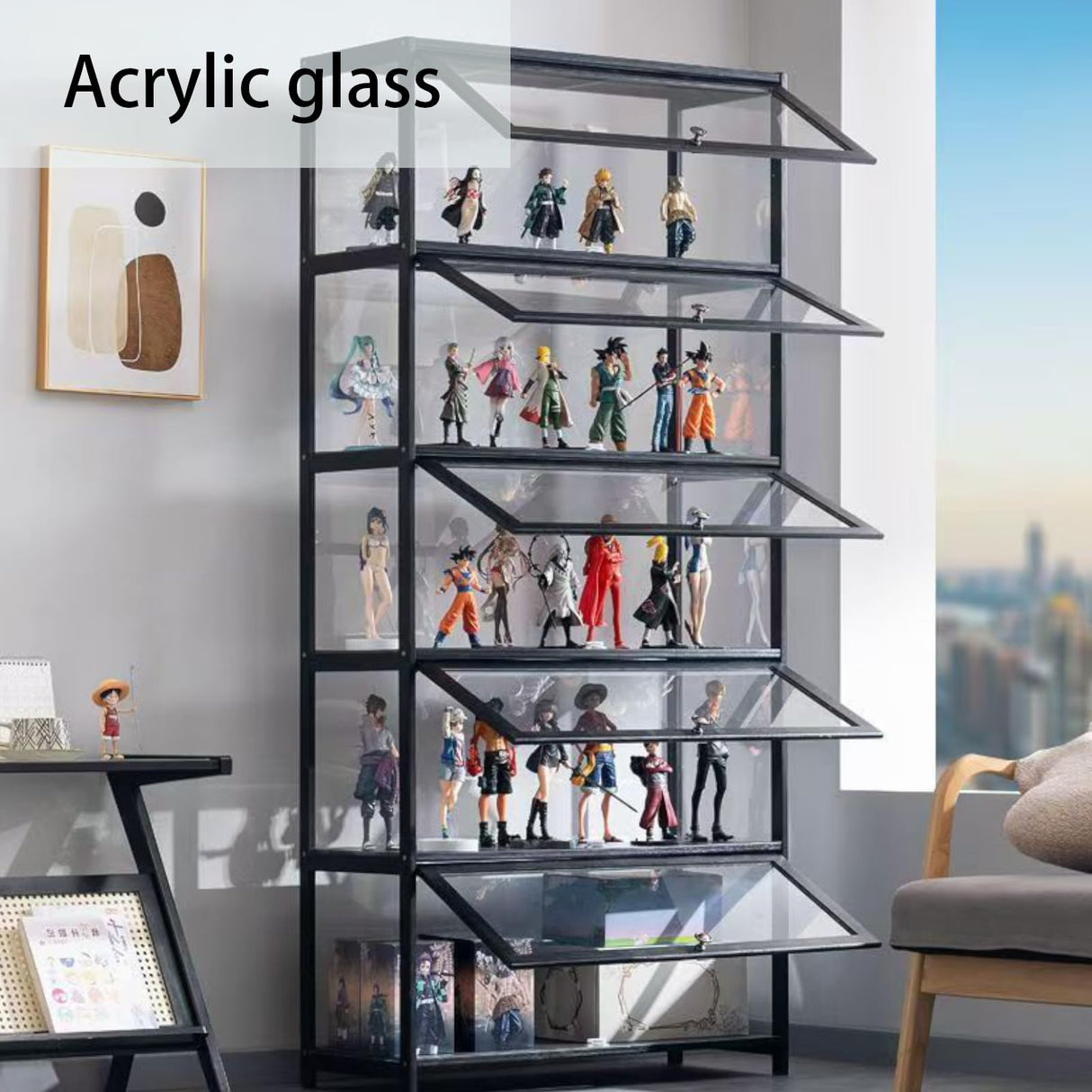 Display Cabinet with Glass Doors, 5-Tier Curio Cabinet with 4 Adjustable Shelves for Collectibles Toy Organizers Rack & Display Shelf, Kids Bookcase for Bedroom, Reading Nook, Living Room (grey) YGWBGA