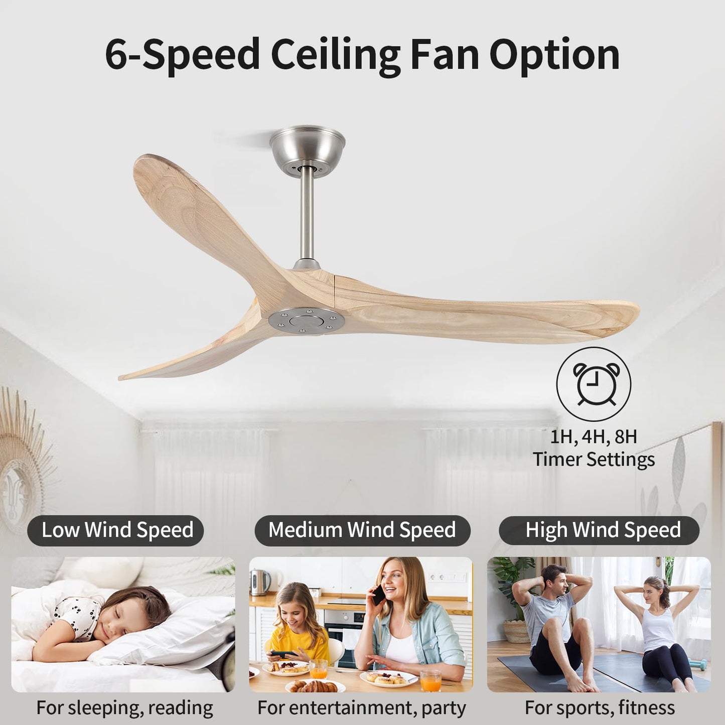 52 Inch Ceiling Fans Without Lights, Solid Wood Ceiling Fan with Remote Control and DC Silent Motor for Patio, Living Room, Bedroom, Nature Wood (Includes 3 Downrods)