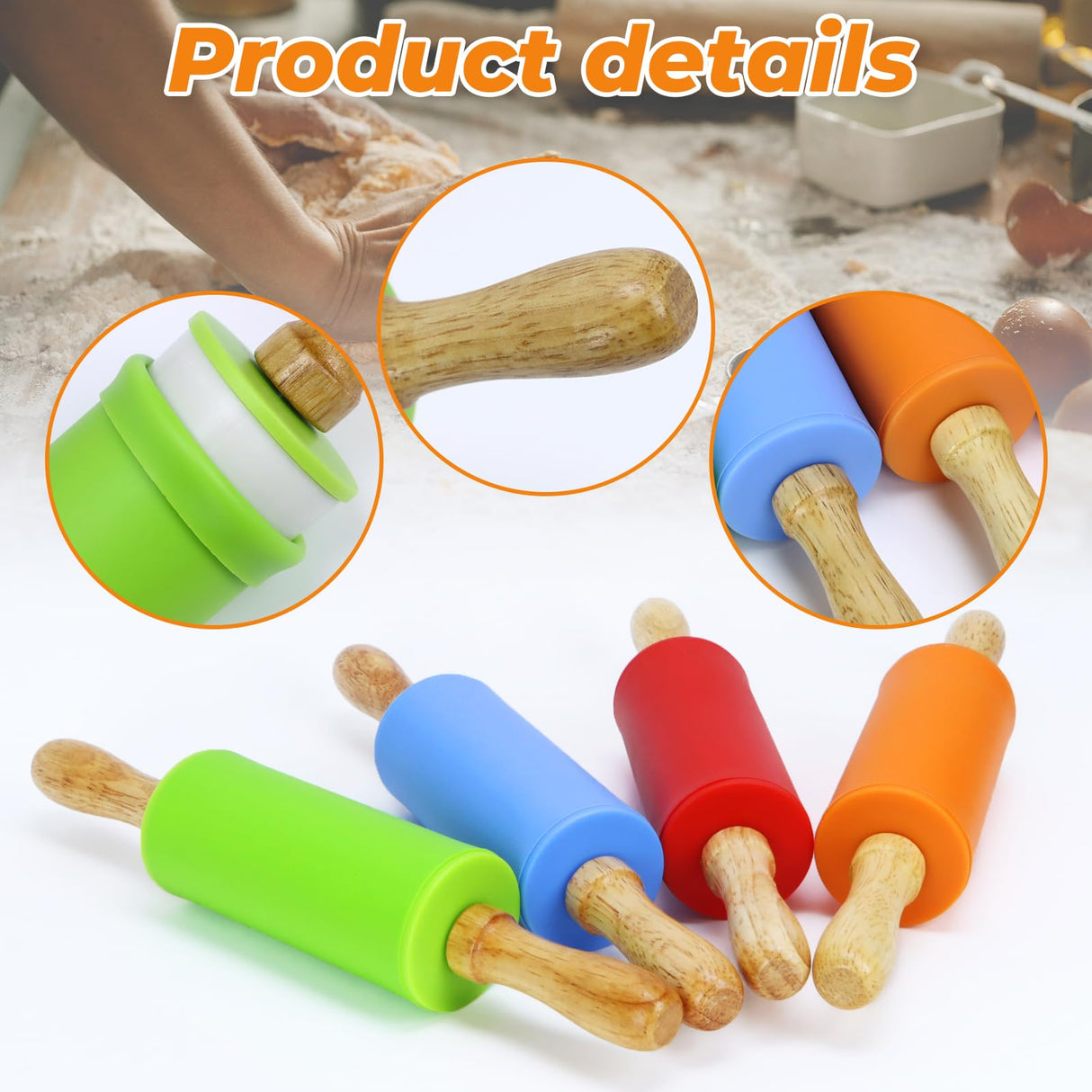 Faxco 4 Pack Mini Rolling Pin for Kids, 9 Inch Wooden Handle Rolling Pin Non-Stick Silicone Rolling Pins for Children Cake Baking Faxco