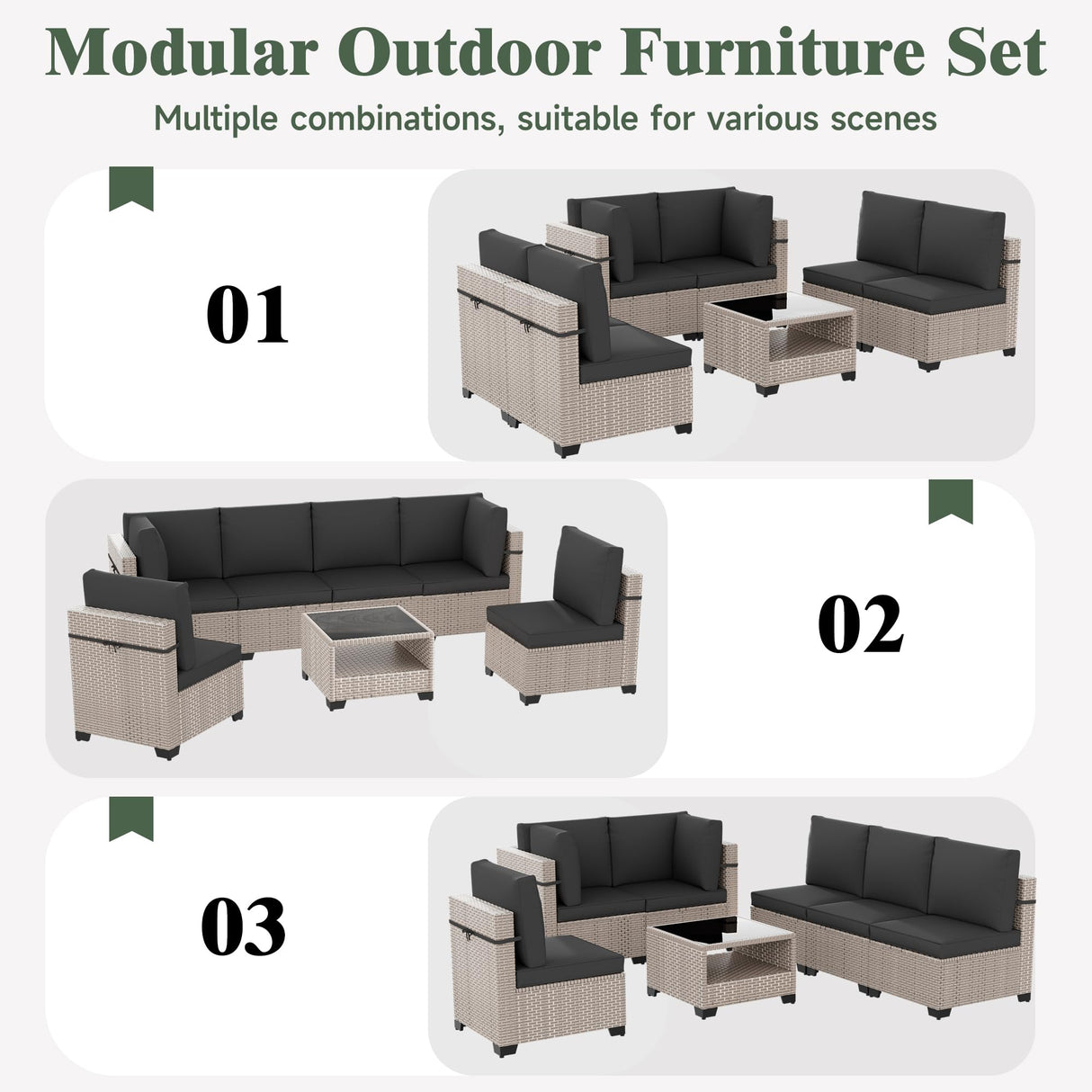 Aukreolis 10 Pieces Patio Furniture Set, Outdoor Sectional Wicker Sofa with Thick Cushions and Storage Coffee Table, Rattan Patio Conversation Sets for Deck Yard Poolside, Black Aukreolis