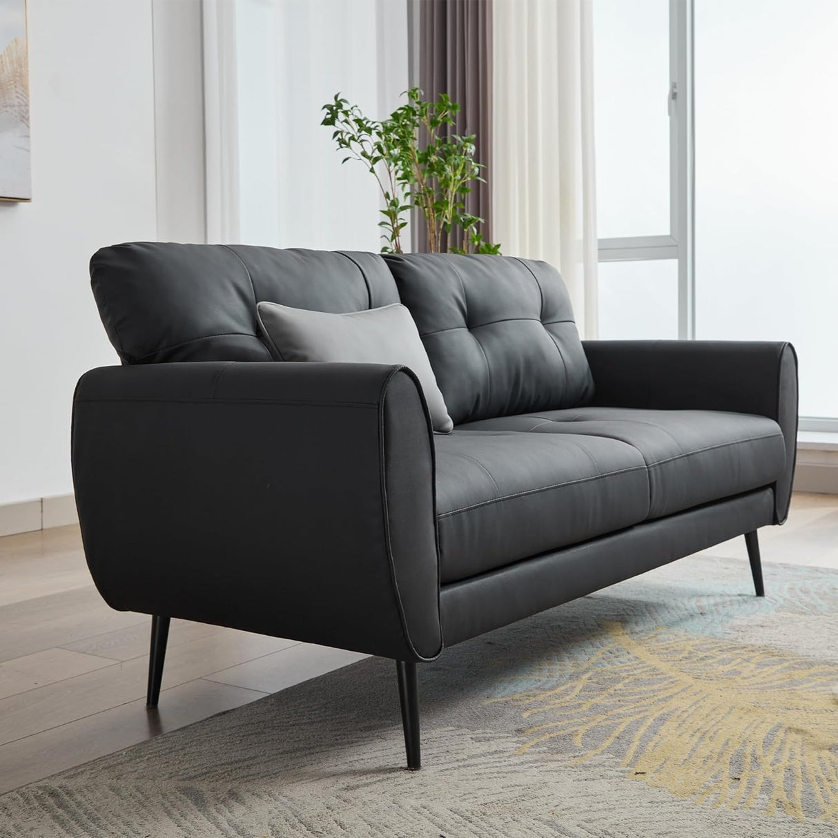 Sofa Couch 61" Small Loveseat Couches for Living Room, Black Faux Leather Couch Mid Century Modern Tufted Mini Sofa Comfy Office 2 Seat Settee Love Seat Small Couches for Small Spaces Bedroom TYBOATLE