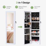 Zibbizo Jewelry Organizer Cabinet, 47.2-Inch Lockable Jewelry Armoire with Full-Length Mirror, Wall or Door-Mounted, Large Storage with 6 LEDs, 3.85" D x 14.25" W x 47.24" H, White Zibbizo