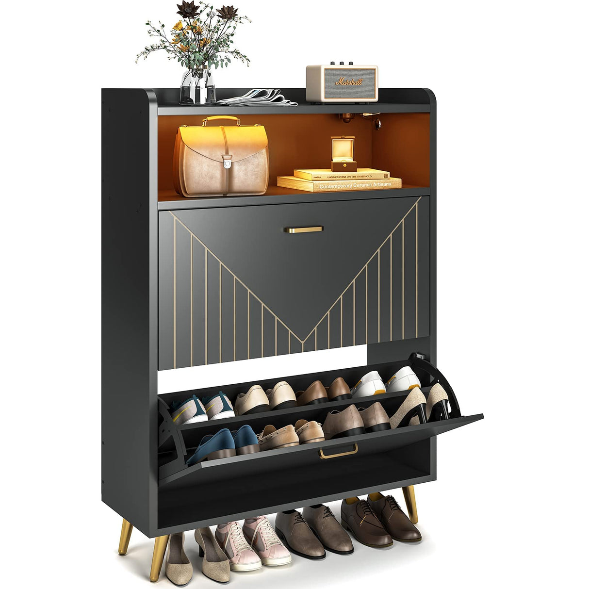 Aheaplus Shoe Cabinet with Flip Doors, Shoes Storage Organizer with Motion Sensor Led Light, Entryway Wood Freestanding Tipping Bucket Shoe Rack with Open Shelves for Closet, Living Room, Black Aheaplus