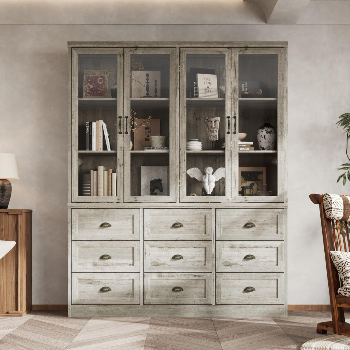 Timechee 78.7" Tall Curio Display Cabinet for Collection, 3 Tier Bookshelf with 9 Drawers & 4 Tempered Glass Doors, Showcase Display Cabinets for Living Room with Adjustable Shelves, Antique Oak Timechee