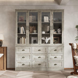 Timechee 78.7" Tall Curio Display Cabinet for Collection, 3 Tier Bookshelf with 9 Drawers & 4 Tempered Glass Doors, Showcase Display Cabinets for Living Room with Adjustable Shelves, Antique Oak Timechee