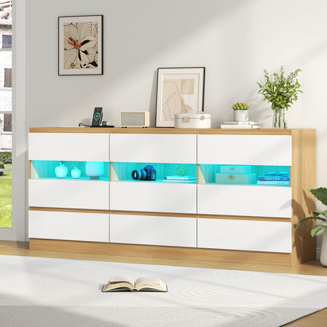 Loomie 63" Wide 9-Drawer Dresser with Charging Station & LED Lights, TV Stand for TVs up to 75", Deep Storage with 3 Cubbies,Wooden Dressers & Chest of Drawers, Modern Long Dressers for Closet,Hallway Loomie