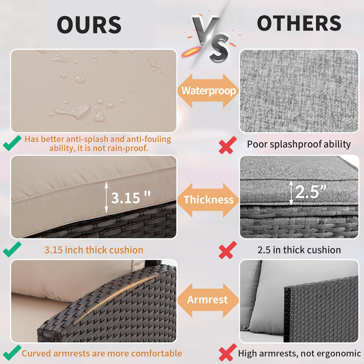 U-MAX 7 Pieces Patio Furniture Set Outdoor Sectional Sofa Conversation Set All Weather Wicker Rattan Couch Dining Table & Chair with Ottoman, Khaki Cushion U-MAX