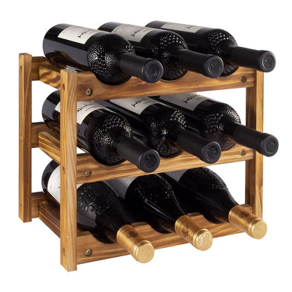 Wine Rack 9 Bottle 3-Tier Wood Wine Storage Easy-Assembly Space-Saving for Wine Lovers,Kitchen Wine Organizer for Countertop,Table Top,Pantry,