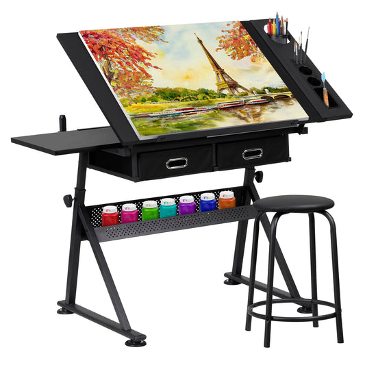 JupiterForce Drafting Desks with 2 Storage Drawers, Height Adjustable Drawing Tables for Painters, Working, Writing, Home Office, Black