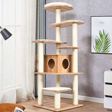 Tangkula Tall Cat Tree, 69-Inch Modern Cat Tower with Sisal Rope Scratching Posts, Wood Cat Tree with Multi-Layer Platform, Cat Condo Furniture with Washable Cushions for Indoor Cats Large Adult Tangkula