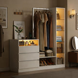 Wardrobe Dresser with Hanging Rack and Drawers - Led Wardrobe Dresser Combo with Charging Station, White Closet Organizers and Storage with Open Shelves, Armoire Clothes Cabinet for Bedroom (White) Auromie
