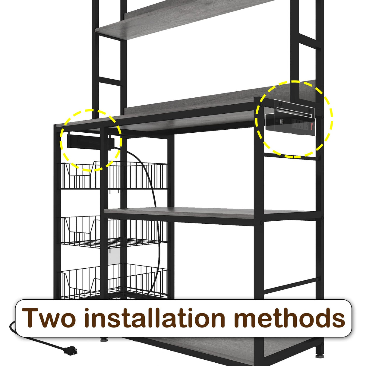 Chnnmbrn Kitchen Bakers Rack with Baskets and Power Outlet,5-Tier Kitchen Utility Storage Shelf with Hooks, Microwave Oven Stand Rack,Vintage Grey Free Standing Kitchen Shelf Chnnmbrn