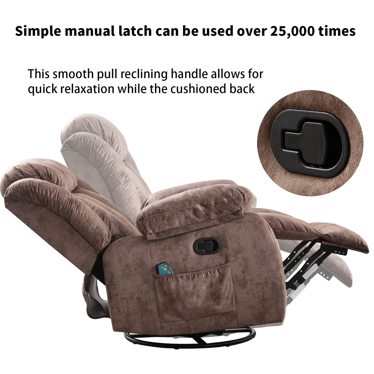 CANMOV Massage Rocker Recliner with Heat and Vibration, 360 Degree Swivel Manual Antiskid Fabric Single Sofa Heavy Duty Reclining Chair for Living Room, Dark Brown CANMOV