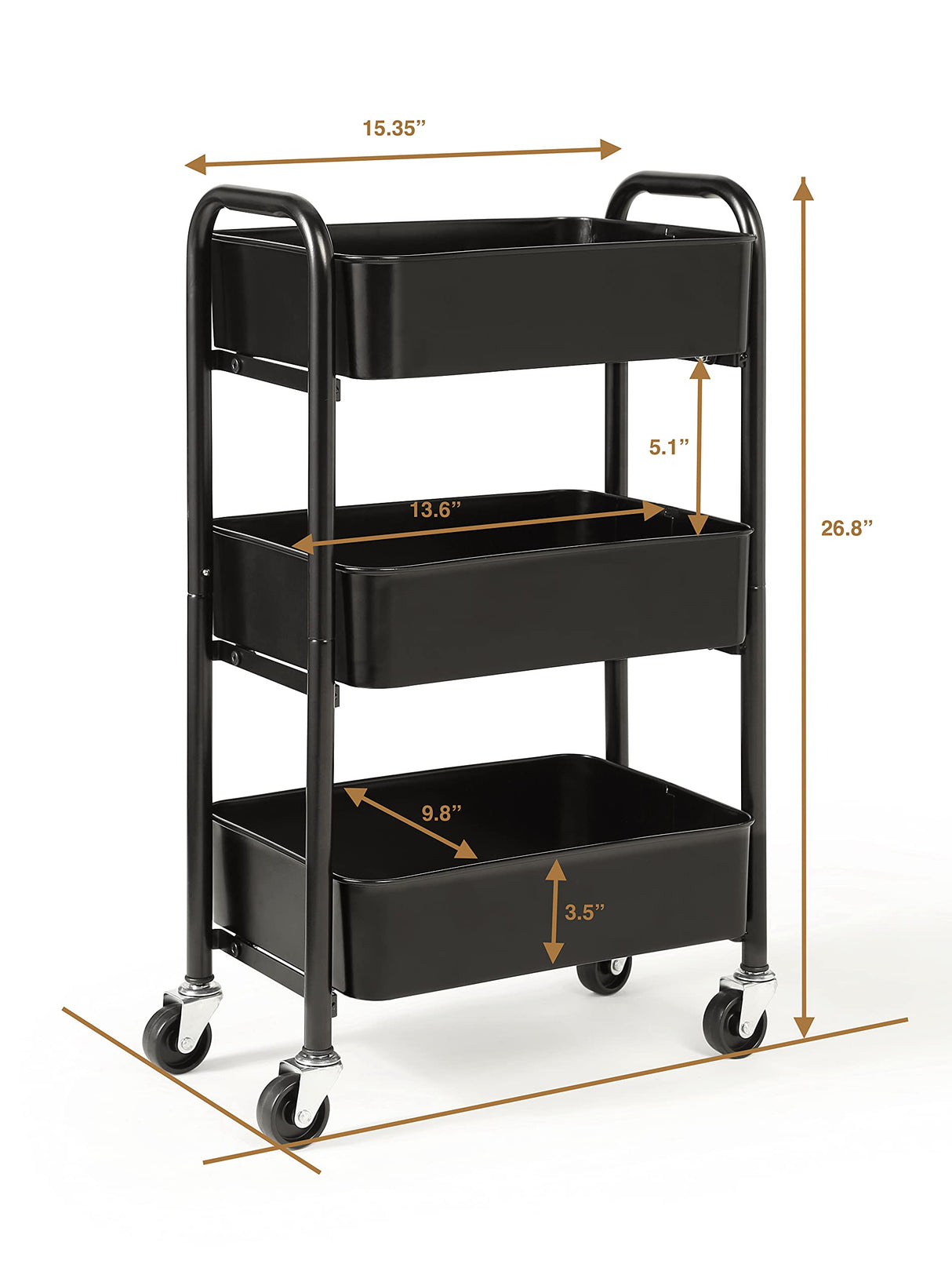 SunnyPoint 3-Tier Delicate Compact Rolling Metal Storage Organizer - Mobile Utility Cart Kitchen/Under Desk Cart with Caster Wheels (BLK, Compact (15.5" X 26.8" X 10.27")) SunnyPoint