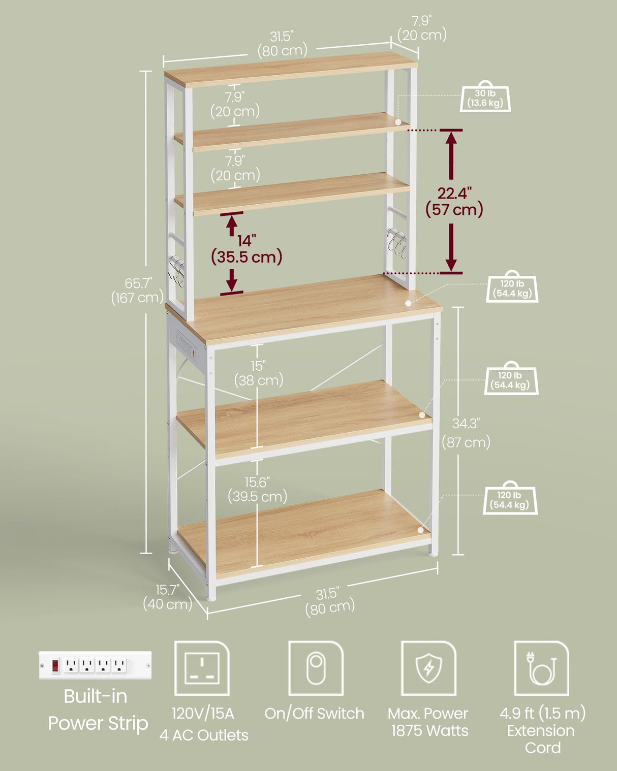 VASAGLE Bakers Rack with Power Outlet, 31.5 Inches Coffee Bar for Kitchen with Storage, 6-Tier Kitchen Shelves with 6 Hooks, Microwave Stand, Golden Oak and White UKKS119Y01 VASAGLE