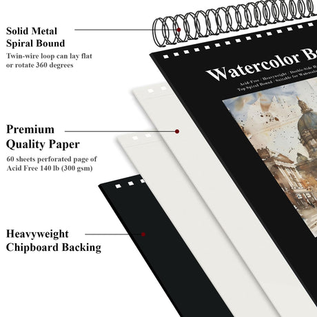 Watercolor Sketchbook 10"x12", 32 Sheets (64 Pages) Water Color Paper, 140lb/300gsm Watercolor Paper, Spiral Hardcover Watercolor Notebook. Fuxi