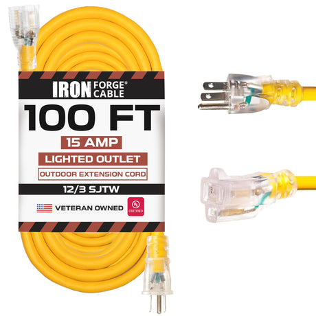 IRON FORGE CABLE 100 Foot Outdoor Extension Cord - 12/3 SJTW Heavy Duty Yellow 3 Prong Extension Cable, 15 AMP - Great for Garden and Major Appliances IRON FORGE CABLE