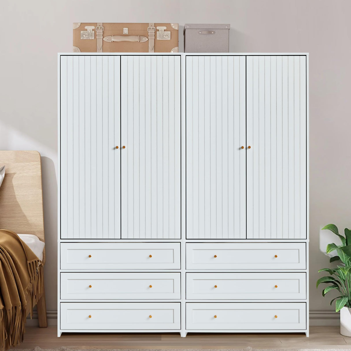 LEVNARY Wardrobe Armoire Closet, 2-Door Wardrobe Cabinet with 3-Drawer and Hanging Rod, Modern Bedroom Armoire Clothing Organizer Freestanding Closet (White) LEVNARY