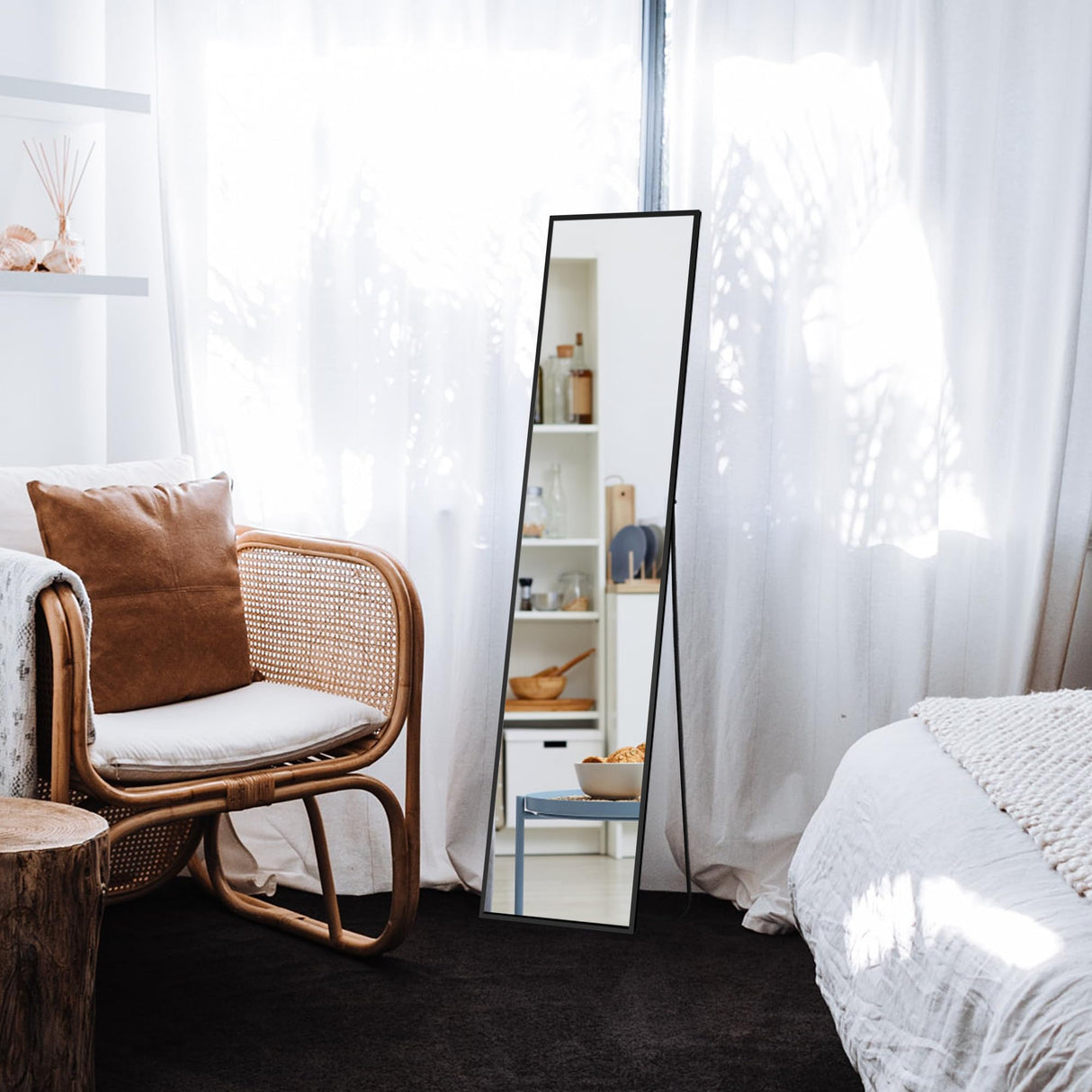 TRAHOME Standing Mirror Full Length Mirror,15" x 56" Large Floor Mirror with Aluminium Frame for Door Bedroom Bathroom Living Room(Black) TRAHOME