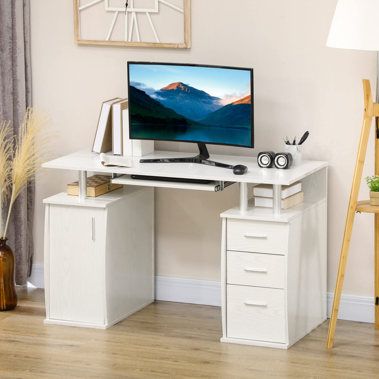 HOMCOM 47" Computer Desk with Keyboard Tray and Storage Drawers, Home Office Workstation Table with Storage Shelves, White Wood Grain HOMCOM