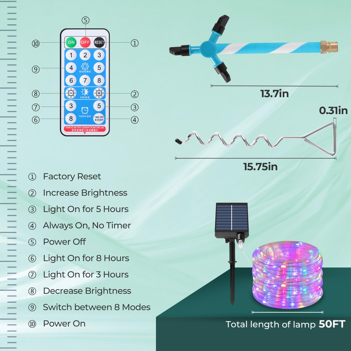 Lyromix Trampoline Accessories Kit, Trampoline Sprinkler, 50FT Solar Lights and Stakes, Non-Damaging to Net, Features 8 Light Modes, Compatible with 8 10 12 14 15 16FT Trampolin Lyromix