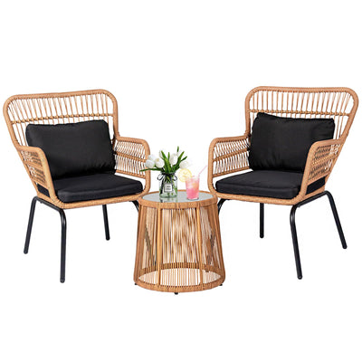 PROHIKER 3 Pieces Outdoor Wicker Bistro Patio Furniture Set, Porch Furniture Rattan Conversation Sets with Side Table and Cushions for Garden Poolside Backyard, Yellow/Black
