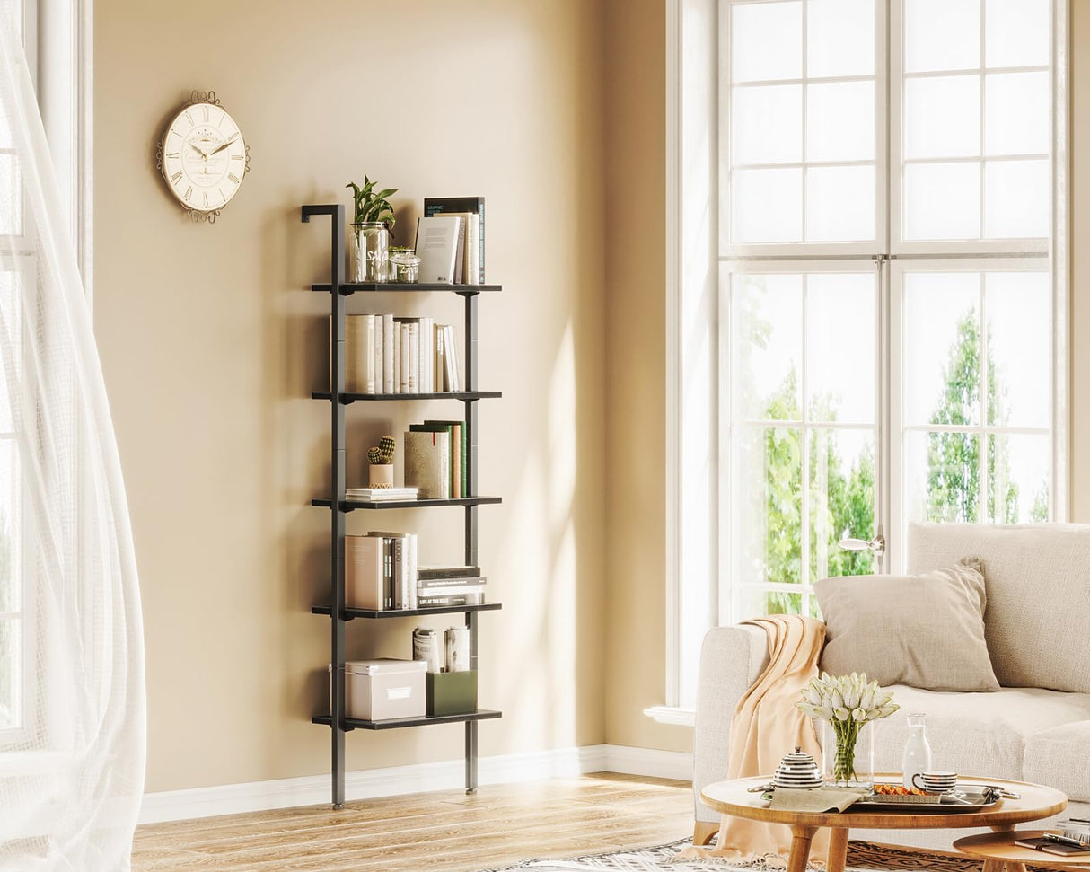 ODK Ladder Shelf, 5 Tier Black Bookshelf, 72 Inch Wall Mounted Book Shelf with Metal Frame, Ladder Bookshelf Bookcase for Bedroom, Home Office and Living Room ODK