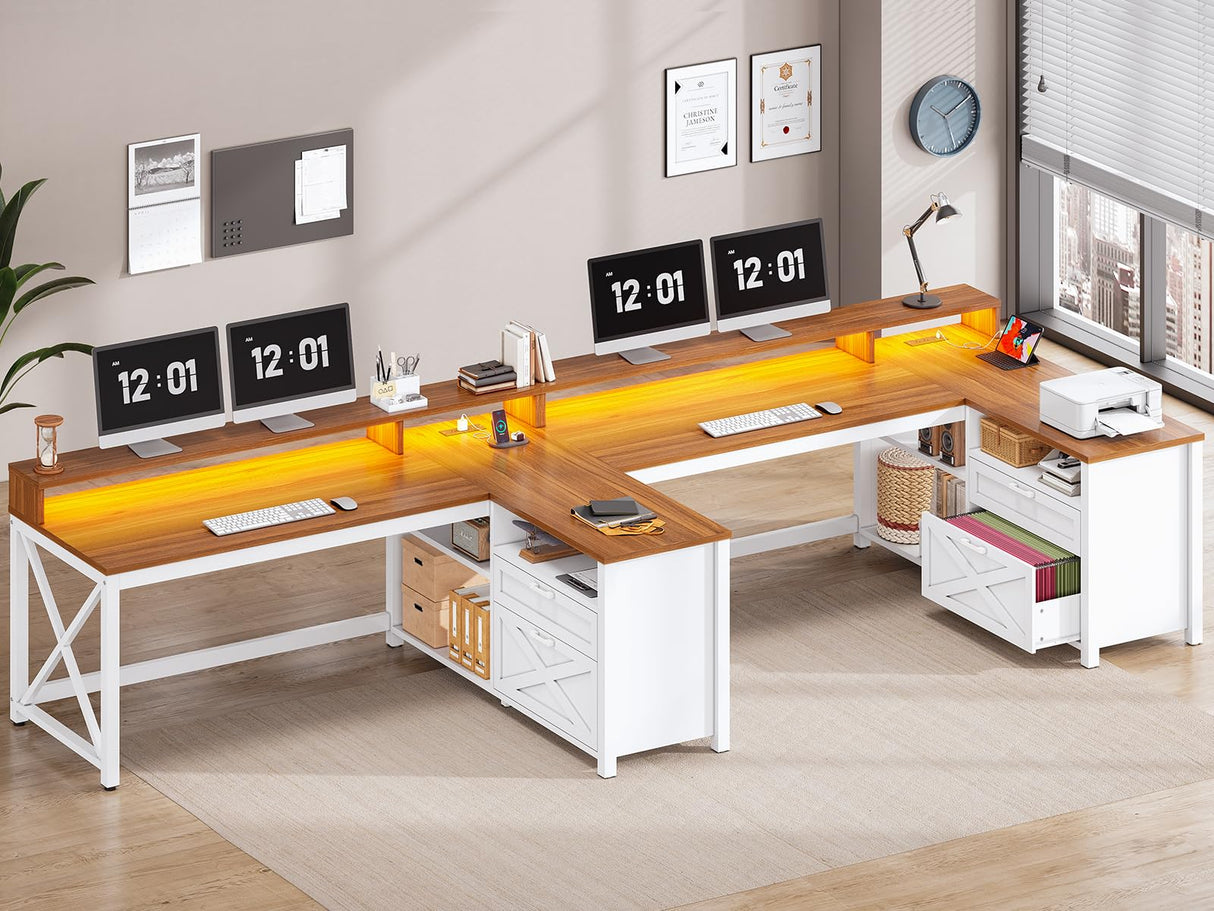 SEDETA Farmhouse L Shaped Desk, 55" Home Office Desk with Drawers and Storage Shelves, L Shaped Gaming Desk with LED Lights, Power Outlet and Monitor Shelf, Brown SEDETA