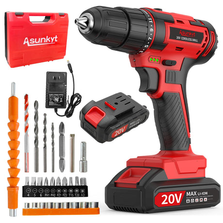 20V Power Drill Cordless, Cordless Drill with Battery and Charger with Torque 30N, Impact Function, 3/8-Inch Keyless Chuck for Screwdriving and Drilling (Battery×1) ASUNKYT
