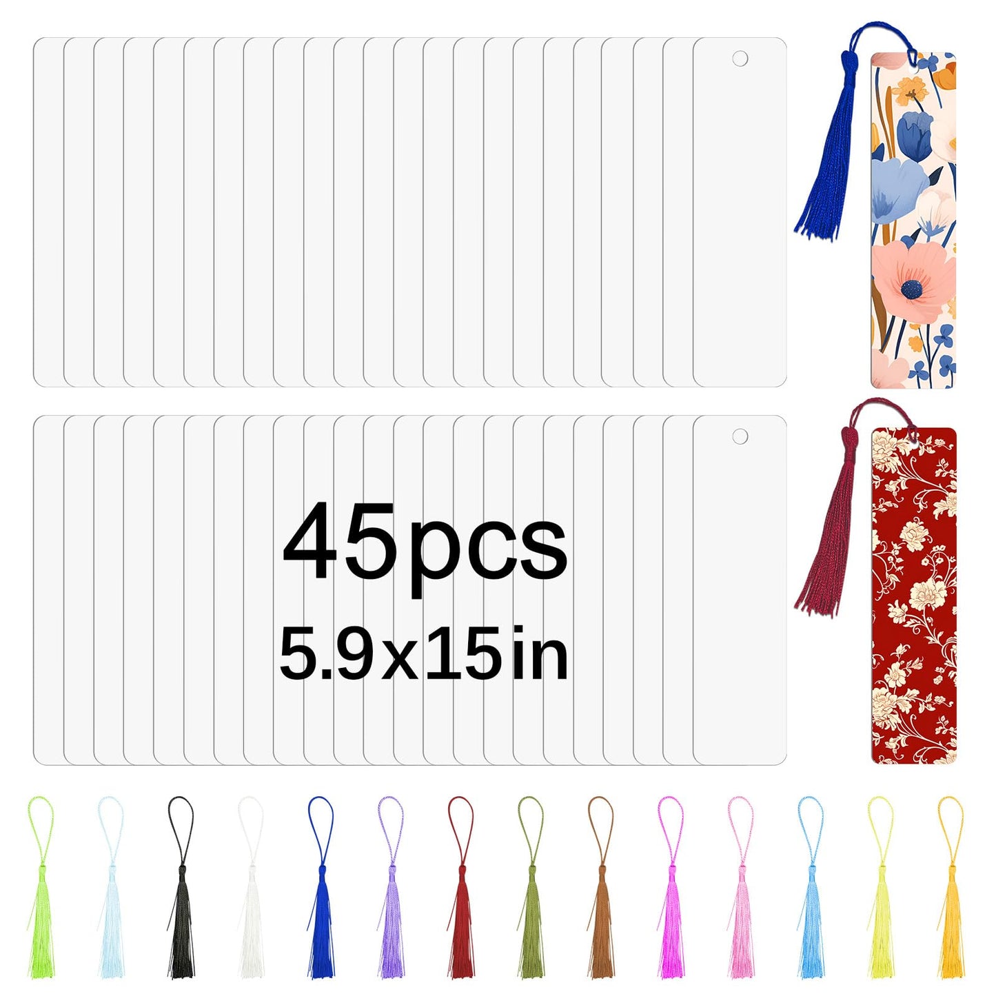 45 Pcs Sublimation Bookmarks，5.9"X1.5" X0.65mm Sublimation Bookmark Blank Aluminum Metal Bookmarks Bulk DIY Bookmarks with Hole and Colorful Tassels for Crafts Reading School Office Supplies